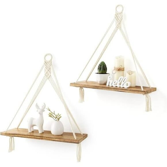Mkono Macrame Hanging Shelves Set Boho Wood Wall Decor Floating Storage - Picture 7 of 7